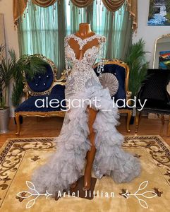 Silver Grey Sparkly African Prom Ceremony Dresses For Women Gillter Crystal Applique Prom Gown Black Girl Vestidos de Gala