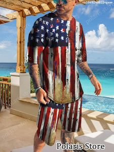 Herrspårsuits usa flaggmönster Tracksuit Men American T Shirt Set gör Amerika bra igen maga 2 bit outfit kläder shorts kostym