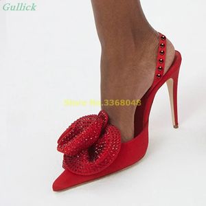 Full Red Pointy Toe Studs Pumpar Glitter Flower Slingback Stiletto klackar Slip på mocka bakre remmosa Fashion Shoes 240129