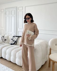 Women's Two Piece Pants 2 Pcs/Set Women T-shirt Set Split Loose Casual Long Sleeves Elastic Waist Wide Leg Spring/Summer Outfit