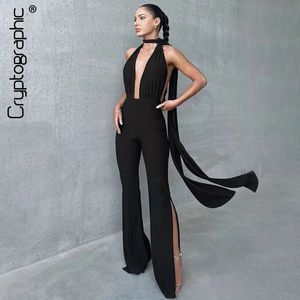 Cryptographic Deep V Wrap Around Halter Sexiga backless Flare Pants Jumpsuits Fashion Outfits For Women Rompers Overalls 240130