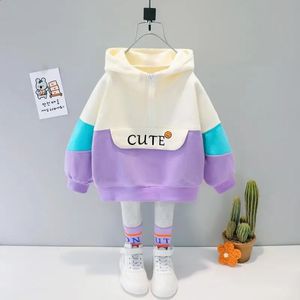 Primavera e autunno carino abbigliamento per bambini ragazza lettera lana con cappuccio pullover felpa pantaloni tuta 1 2 3 4 5 6 7 8 anni 240218