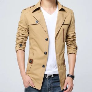 Autumn Pure Cotton Trench Coat Men Wash Windbreaker Overcoat Slim Long Coat Turn Down Collar Casual Jacket Blue 240124