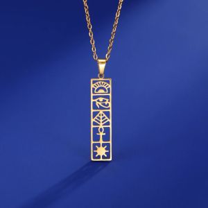 Egyptian Ankh Hieroglyphs Necklace 14k Yellow Gold Eye of Horus Neck Chain Ancient Egypt Cartouche Jewelry for Women Men