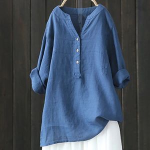 Blus bomullslinne skjorta kvinnor topp fast färg långärmad midja lös montering över tröja hösten vinterkläder plus storlek 240130