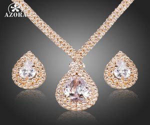 Whole Gorgeous Gold Color Clear CZ Water Drop Crystal Pendant Necklace and Earrings Women Wedding Jewelry Sets TG01583724238