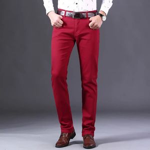 Classic Style Mens Wine Red Jeans Fashion Business Casual Straight Denim Stretch Trousers Male Brand Pants 240130