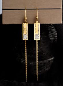 Fashion designer titanium stainless steel sparkling diamond geometric square tassel dangling clip stud earrings for women girls st8688003