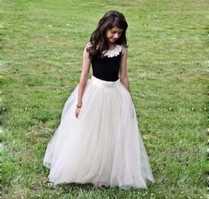 Marfim e preto longo júnior dama de honra vestidos jóia pescoço com flores até o chão 2019 barato país jardim casamento flor meninas8642734