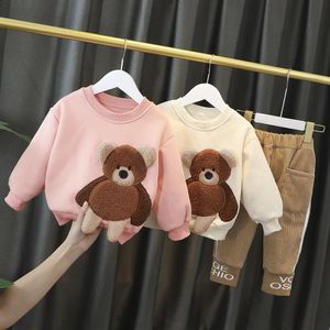 Baby Fall Winter Cloth Infant Girl Boy Plush Warm Sweater and Pant Set Toddler Embroidery Bear Pullover Top SweatPant Tracksuit 240218