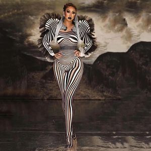 Fashion Zebra Pattern Jumpsuit Women Singer Sexy Stage Outfit Bar DS Dance Cosplay Bodysuit Performance Show Costume 240130