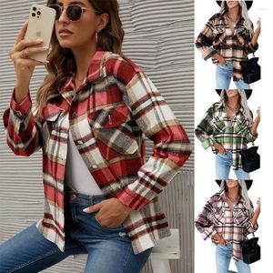 Kvinnors blusar Fall Winter Ladies Plaid Button Up Long Sleeve Shirt Cardigan Shirts For Women Fashion Woolen Breasted Jacket Vintage