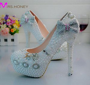 Luxurious Bridal Wedding Dress Shoes Pearl Bowtie Handmade High Heels Nightclub Prom Party Pumps White Pearl Bridesmaid Shoes1861077