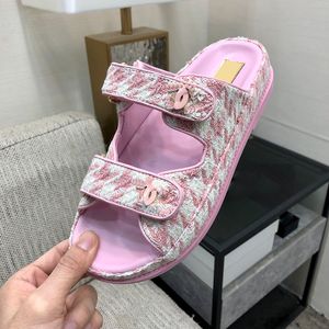 Womens Sandals Designer Slip On Slippers Tweed Platform Heels Beach Shoe Ladies Grosgrain Slide Classic Pink Red Black Green Leisure Shoe With Dust Bags Flip Flops