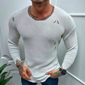 Vintage Ripped Design Knit Tops Men Spring Long Sleeve Slim Sweaters Casual Mens Clothing Fashion Solid Color Knitted Pullovers 240202