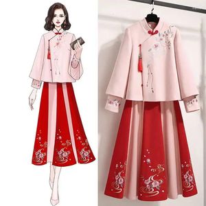 Ethnische Kleidung Frauen Stickerei Kimono Tops und Rock Zweiteiler Übergroßer Plus Size Roter Mantel Wollfrühling Cheongsam Hanfu Kostüm