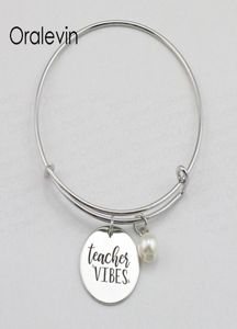 TEACHER VIBES Inspirational Hand Stamped Engraved Charm Pendant Expandable Wire Bracelet Bangle Gift Fashion Jewelry10PcsLot L99522576419