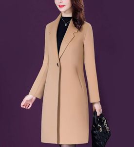 Feminino elegante mistura de lã trench coat inverno casaco médio longo à prova de vento lapela fino casacos de ervilha