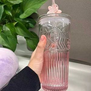 Tumblers Peach Blossom Powder Gradient Goddess Cup Glass Milk Mocha Cups Breakfast Mug Cup with Lid and Straw Cup GIRL GIFTS T240218