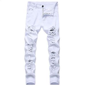 Męskie białe dżinsy moda hip -hop Raped Chudy Men Dżinsowe spodnie Slim Fit Stretch Zakres Zip Men Jean Spodnie Wysoka jakość 240125