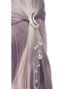 1pc kvinnor clip Moon Rhinestone Crystal Pendant Pin Tassel Long Chain Beads Hairpin Ladies Hair Jewelry Hairclip Hair Accessories8101221