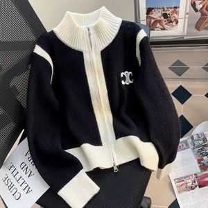 Embroidered double zipper stand collar knit cardigan womens autumn coat new color matching casual long sleeve sweater top