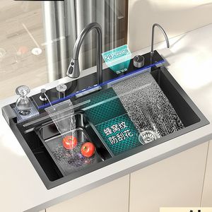 Kitchen Whale Digital Display Stainless Steel Sink Keys Multi-Functional Washing Basin Honeycomb Waterfall Flying Rain Pool Vegetable Washing Sink