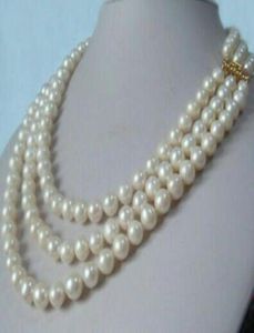 Fine Pearls Jewelry ThreeStrang natürliche 885 mm weiße Akoya-Perlenkette 17quot18quot19quot 14K Goldverschluss9559702