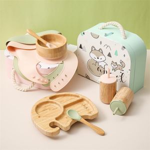 Piatto Ciotola in bambù per bambini Cucchiaio Ciotola per bambini Confezione regalo con ventosa Set di piatti in legno