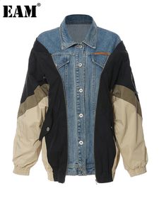 EAM LOOST FIT Blue Denim Color-Block Big Size Jacka Lapel Långärmad kvinnor Coat Fashion Spring Autumn 2024 1DF1519 240124