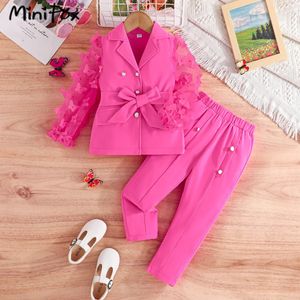 Minifox Childrens Clothing Girl Jacket Set Butterfly Sleeve Jacket Top och pärlbyxor och sommaruppsättning 240218