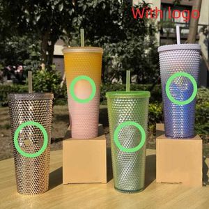 Tumblers 710 ml Double Layer kaffekopp med lock med halm med durian cup 24oz diamant tie cold cold cup grossist t240218