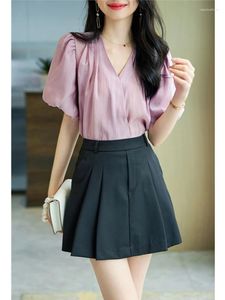 Women's Blouses Summer Rayon V-Neck Crop Tops Puff Sleeves For Female Temperament Elegant Breathable Simplicity Solid Purple Shirts