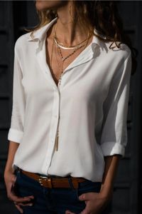 Classic White Blouse Women Button VNeck Long Sleeve Tops Lady Fashion Solid Color Fit T Shirt Spring Autumn Clothes 240118