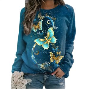 Autumn Women's 3d Sweater Tshirt Pullover Longsleeved Gradient Butterfly Harajuku Style Large Loose Cotton Clothing 240118