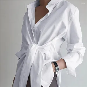 Kadın bluzları Bahar Kadınlar Bluz Dönüşü Yatak Düğmesi Sashes Tasarımlar Tasarısı Sıradan Düz Renk Antrenman Uzun Kollu Kadın Üstleri