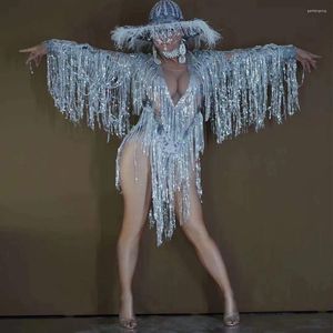 Stage Wear Sparkly Sequin Fringe Silver Bodysuit For Women Dancer Show Leotard Celebrate Outfit Prom Bar Birthday Night Club Gogo Costumes