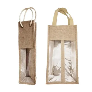 Förvaringspåsar säckväv handväska vinbärare med fönster och hanterar jute presentpåse tote för