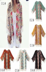 Vintage Şifon Blon Büyük Kız Kadın Baskı Kimono Haldigan Hem Dantel Şal Büyük Boyut Üstleri Blusas Feminas Ponch2157313
