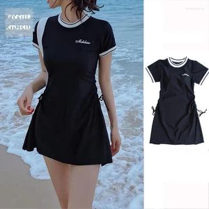 Damenbadebekleidung 2024 Koreanische Sexy Kordelzug Kurzarm Frau Einteiliger Badeanzug Dame Große Größe Badeanzug Strand Swimskirt