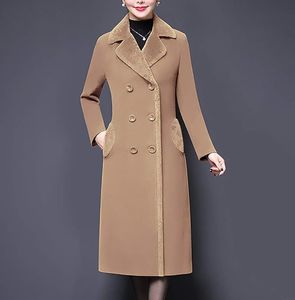 Women's Double-breasted Notched Lapel Midi Wool Blend Pea Coat Jackets