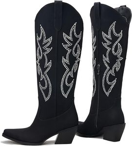Rhinestone Cowboy Boots for Women - Wide Calf Knee High Cowgirl Boots with Side Zipper and Sparkly Glitter Embroidery