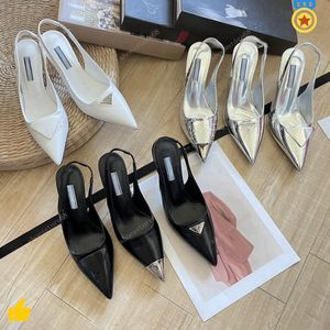 2024 Designer Sandals Pointed High Heel Single Shoes P Triangle Kitten Heels Sandal for Women Black White Pink Blue Wedding Shoes with Dust Bag Dress shoes