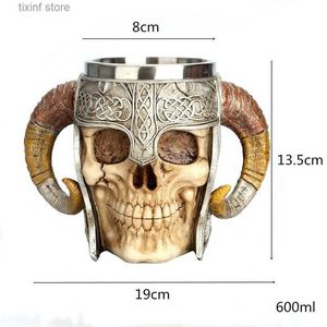 Tumblers Retro Horn Skull Resin Beer Mug Stainless Steel Skull Knight Tankard Halloween Coffee Cup Viking Tea Mug Pub Bar Decoration T240218