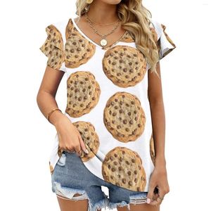 Camiseta feminina com pedaços de chocolate, biscoito, folha de lótus, pescoço, camiseta fofa, elegante, camisetas de manga comprida, casual