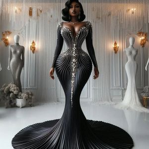 2024 ASO EBI Black Mermaid Sukienka PROM Kryształy Satynowe wieczór Formalne przyjęcie Drugie przyjęcie urodzinowe suknie zaręczynowe sukienki szata de soiree ZJ30