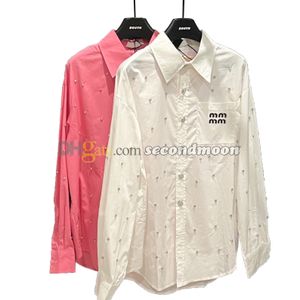 Designer-Blusen mit Buchstaben-Druck, für Damen, glänzendes Strass-T-Shirt, Reverskragen, Langarm-Bluse, Sommer, atmungsaktive T-Shirts