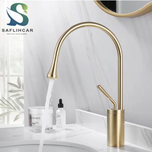 Modern Basin Faucet Brushed Gold Black Silver Deck Mounted Sink Tap Mixer Cold Brass for Bathroom 240127