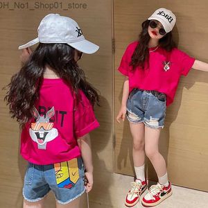 Tシャツ2023ガールズカワイイTシャツかわいいウサギ5 6 7 8 9 10年女の子Tシャツ子供半袖TシャツキッズカジュアンカジュアルトップQ240218