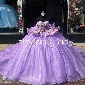 Lavendel Lila Prinzessin Quinceanera Kleider Gillter Sparkly 3D Floral Boning Puplum Vestidos de 15 Jahre Prom Sweet 16 Kleid